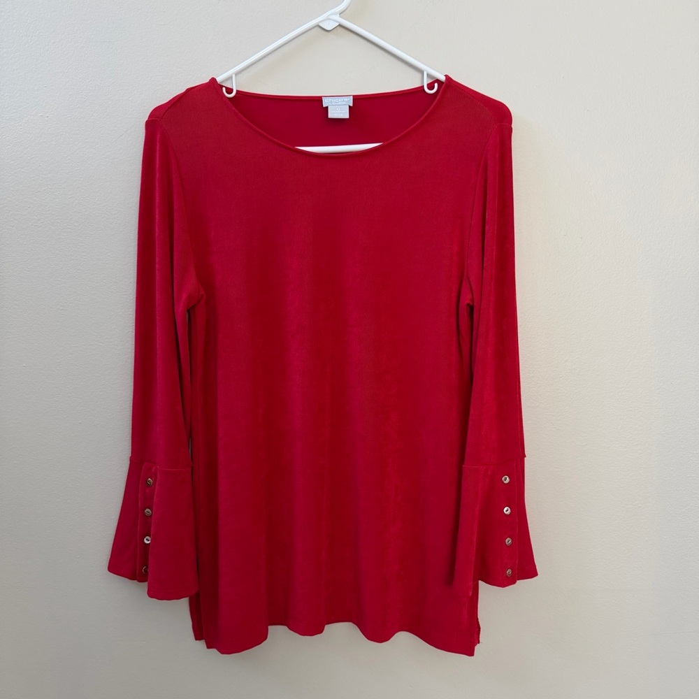 Chico's Vibrant Red Long Sleeve Sheen Top with Button Accents, Sz 0 (4-6)